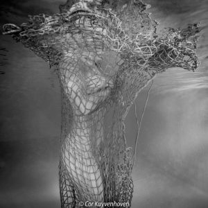 Onderwaterfotografie van naakte vrouw onderwater met net